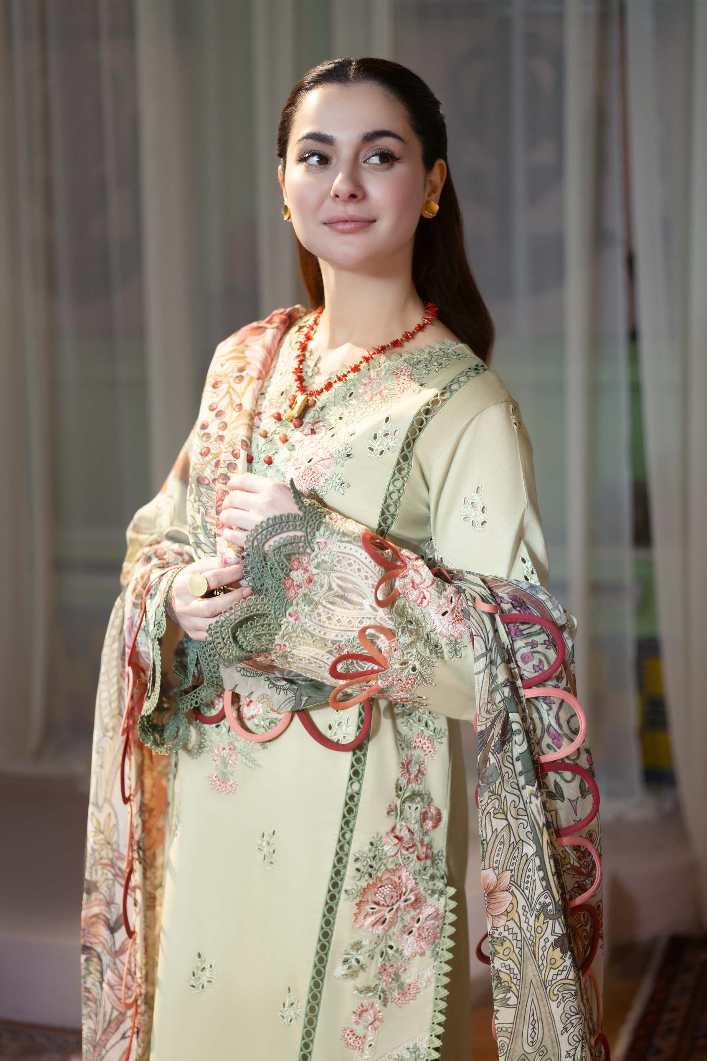 Mint green embroidered unstitched 3 piece lawn suit with floral printed chiffon dupatta