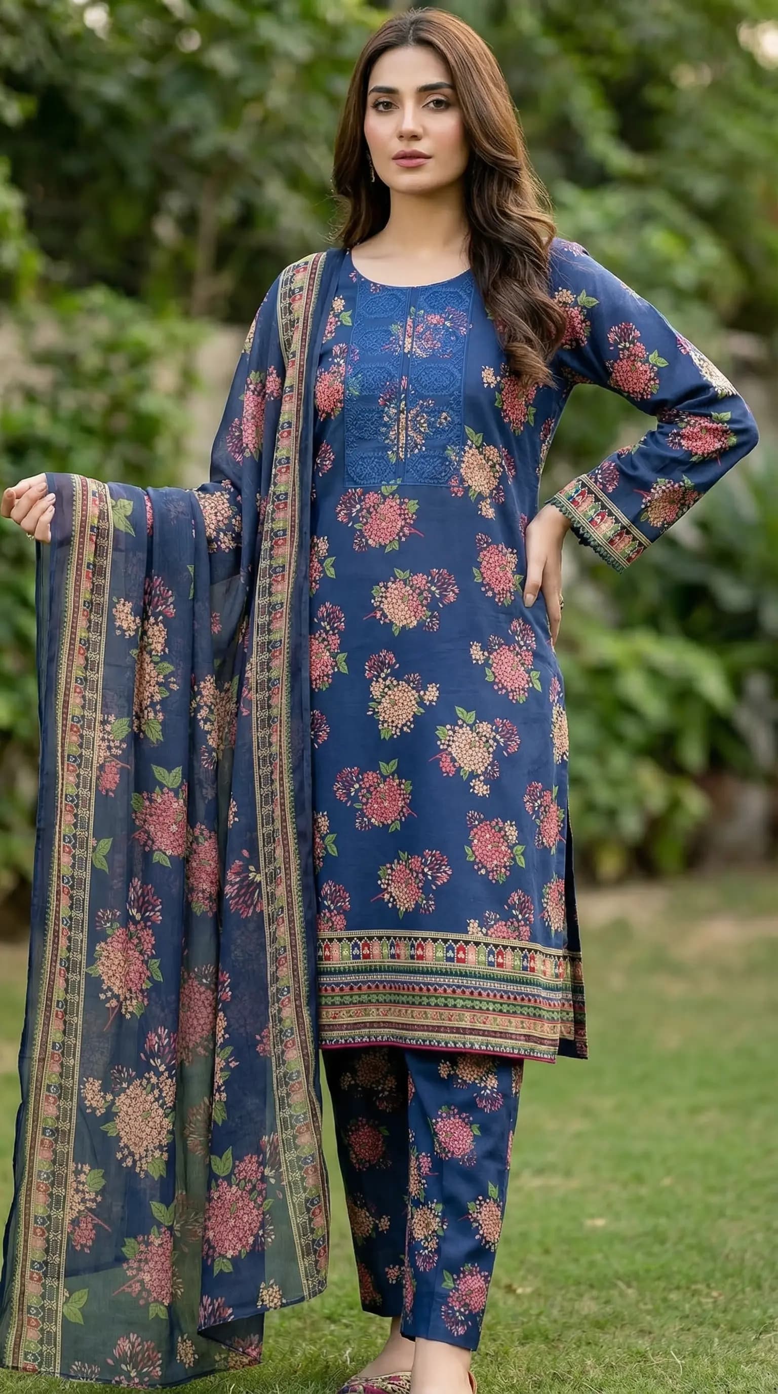 Blue Floral Printed Lawn 3 Piece Suit with Chiffon Dupatta