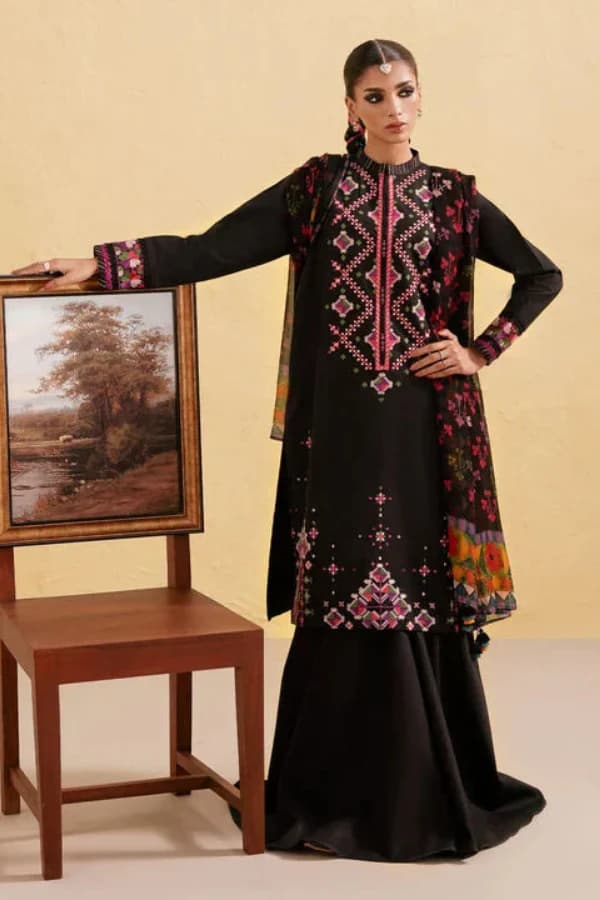Embroidered Lawn Suit with Printed Net Dupatta | Unstitched Women Suits Pakistan