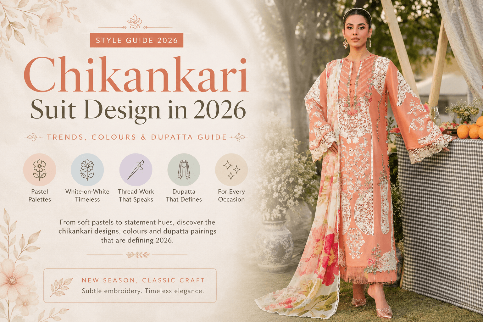 Peach chikankari unstitched suit with floral printed net dupatta, an example of the soft pastel chikankari suit designs of 2026