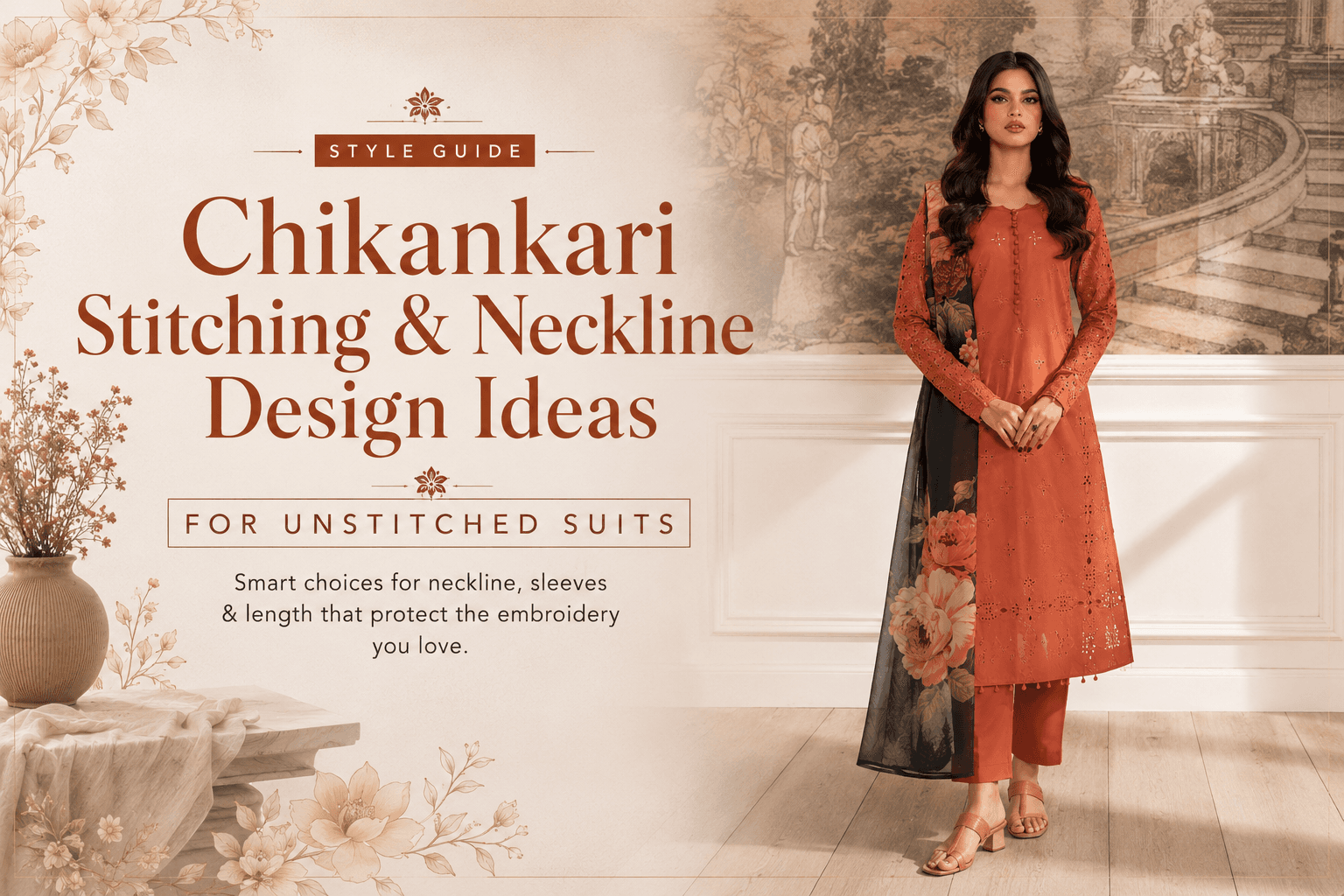 Green chikankari unstitched lawn suit with fully embroidered shirt and sleeves, showing embroidery placement around the neckline
