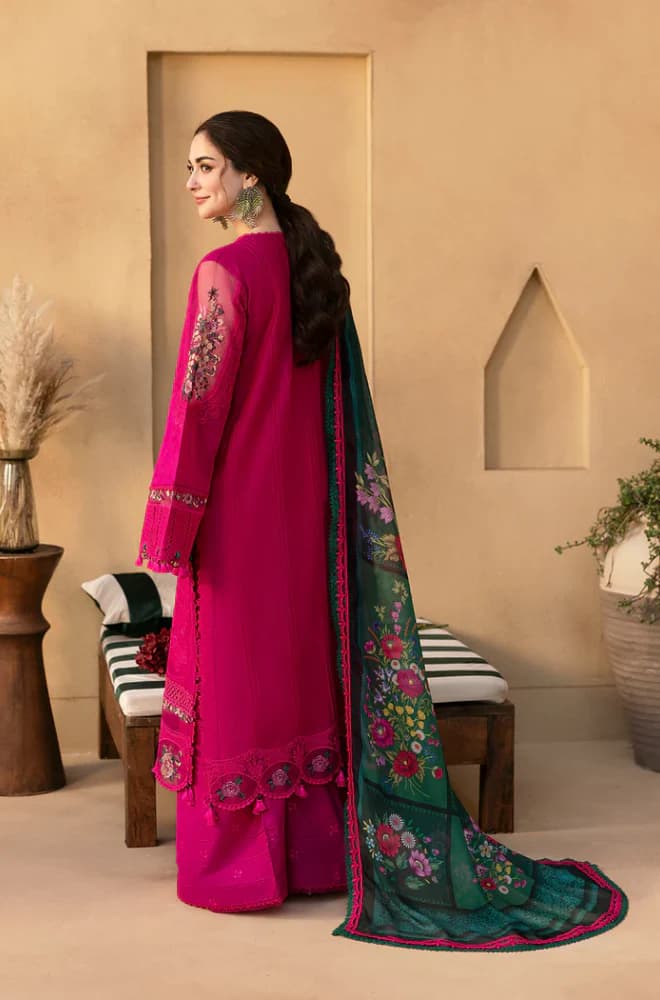 Pink chikankari unstitched 3 piece lawn suit with printed chiffon dupatta