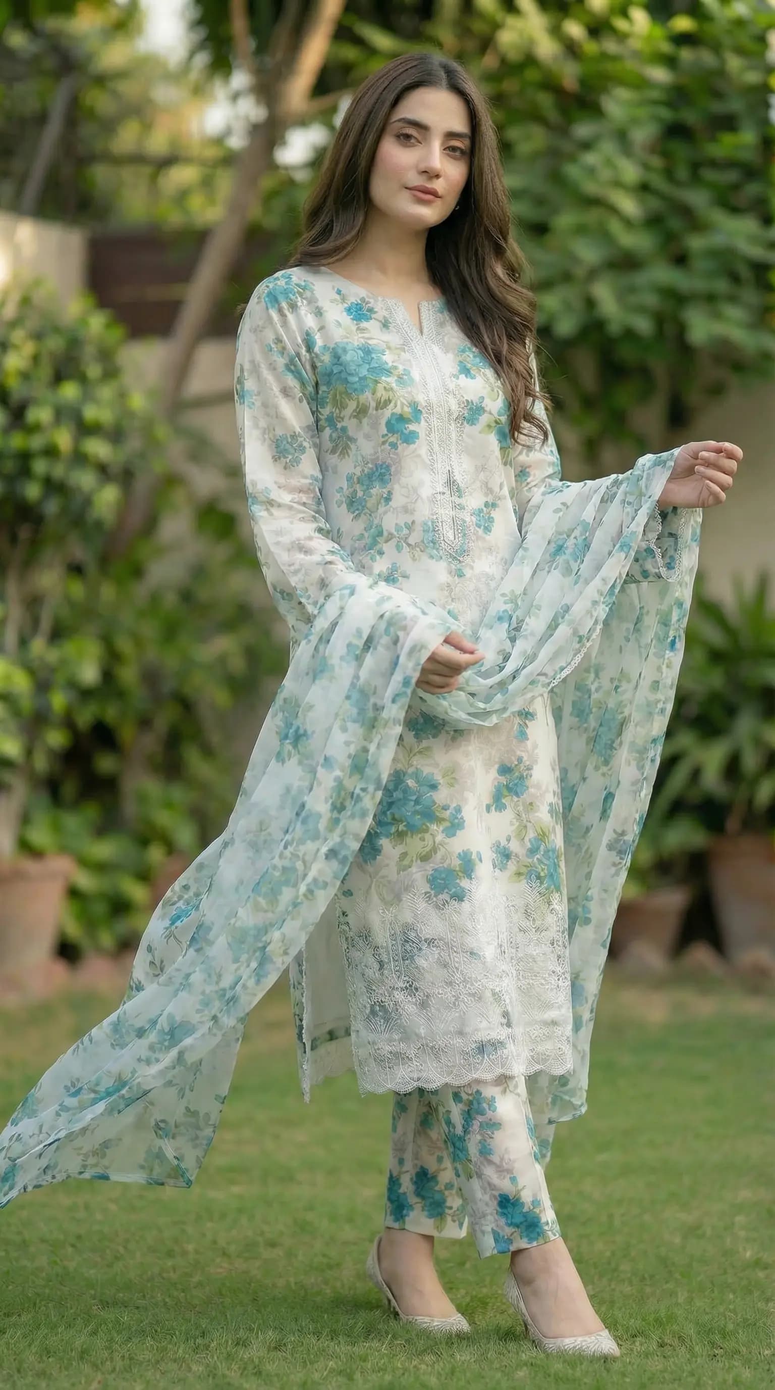 Ivory floral printed lawn 3 piece suit with teal print and chiffon dupatta