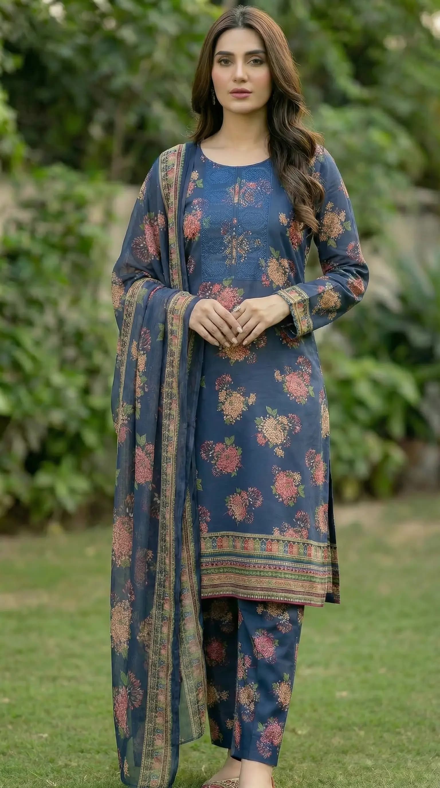 Blue floral printed lawn 3 piece suit with matching chiffon dupatta
