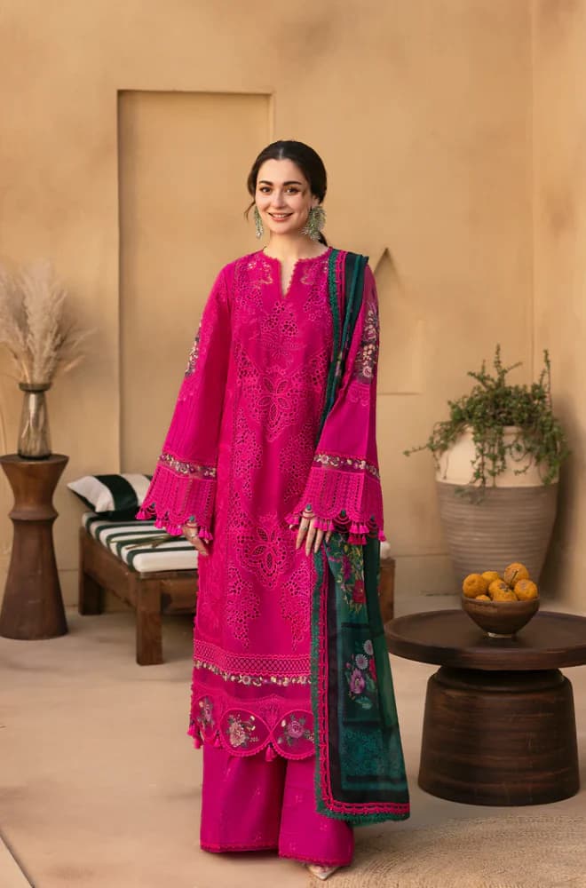 Pink chikankari unstitched 3 piece lawn suit with printed chiffon dupatta