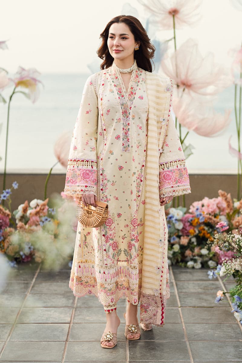Cream embroidered unstitched 3 piece lawn suit with net dupatta