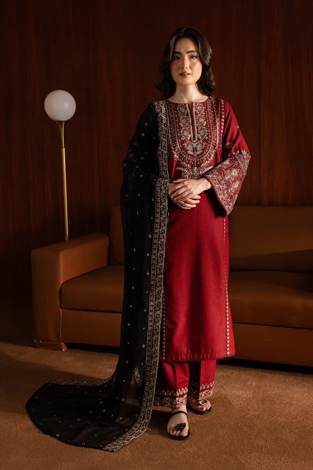 Red embroidered unstitched 3 piece lawn suit with chiffon dupatta