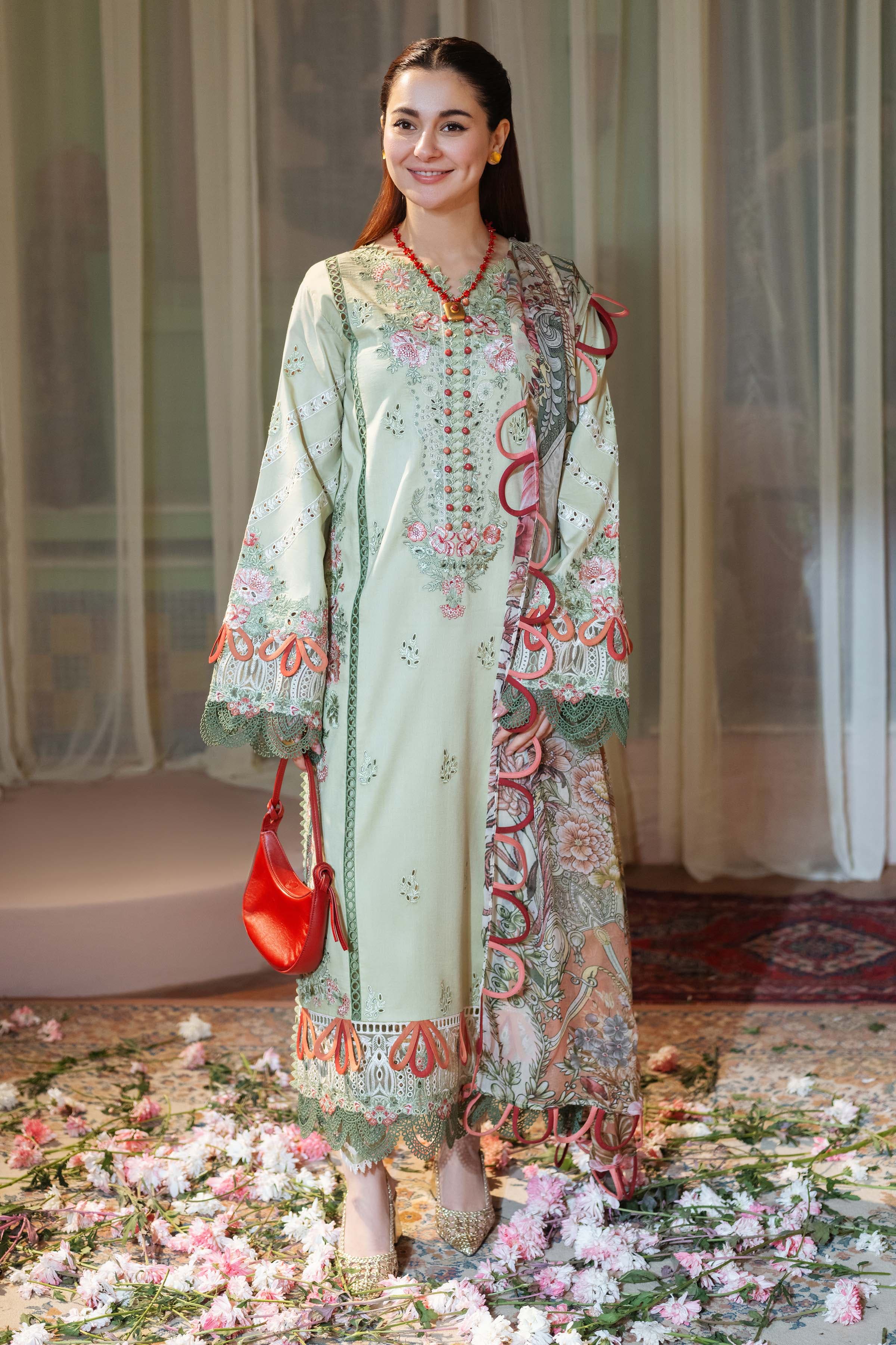 Mint green embroidered unstitched 3 piece lawn suit with floral printed chiffon dupatta