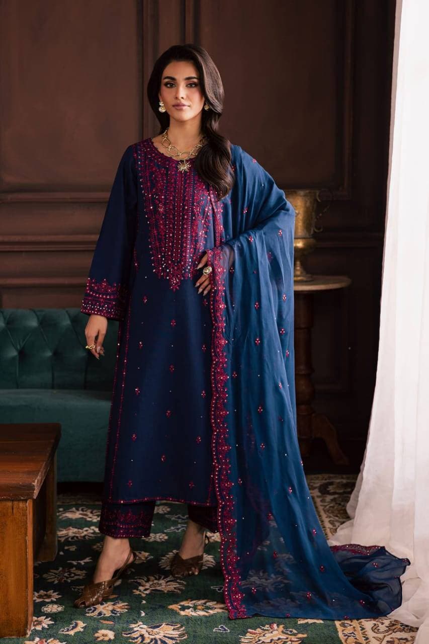 Premium 3 Piece Embroidered Lawn Suit with Panel & Trouser Patches | Pakistan