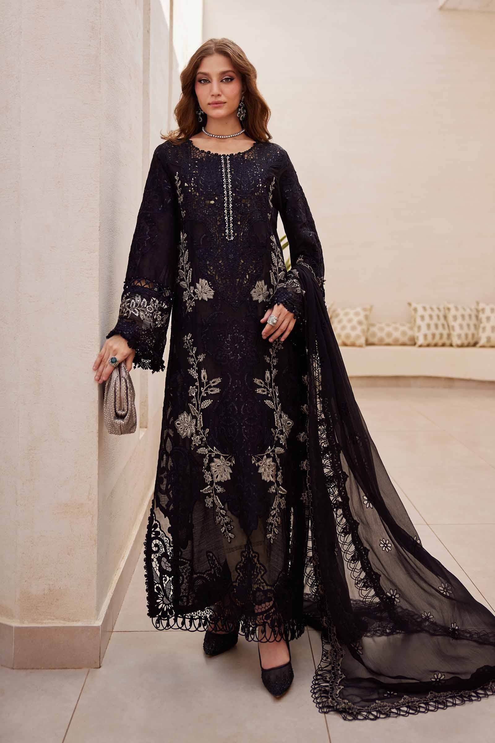 Black embroidered unstitched 3 piece lawn suit with embroidered chiffon dupatta