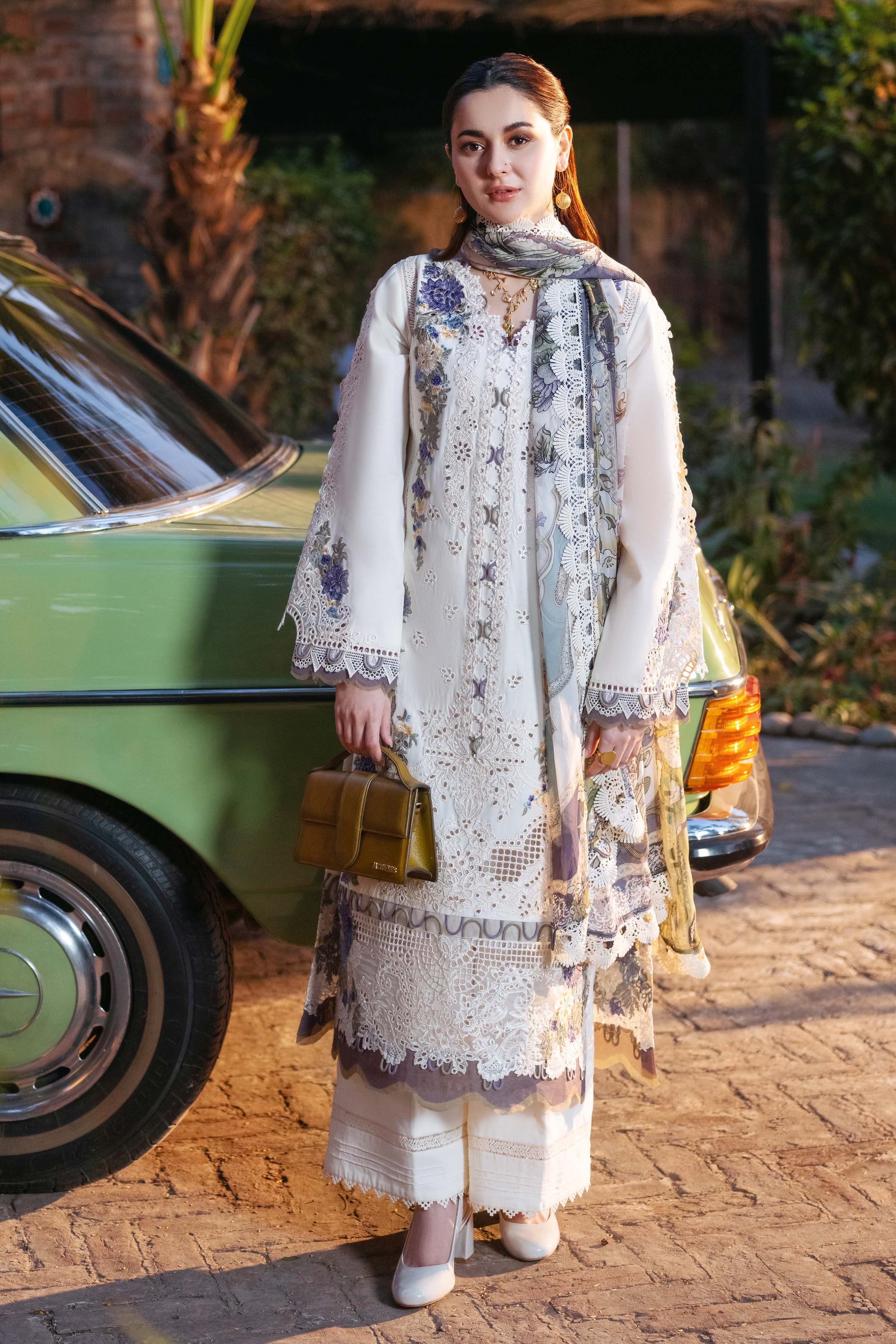 Off-white embroidered unstitched 3 piece lawn suit with printed chiffon dupatta