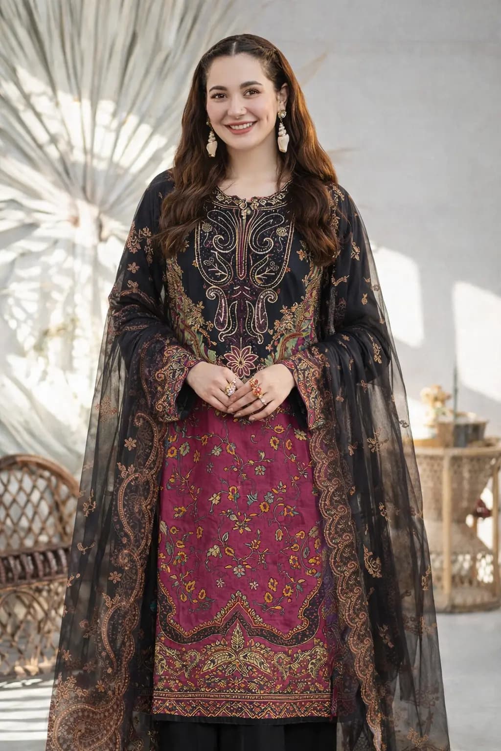 Black Printed Lawn 3 Piece Suit | Embroidered Shirt & Chiffon Dupatta Pakistan