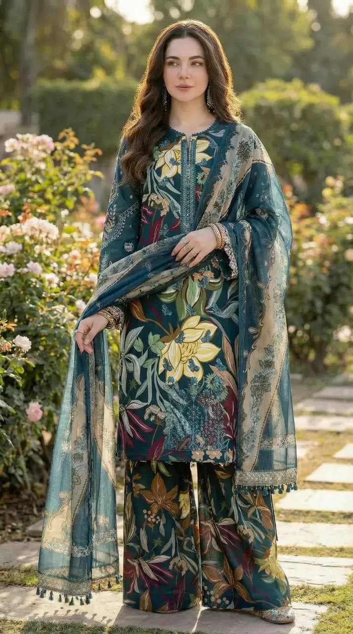 Teal floral printed lawn 3 piece suit with printed chiffon dupatta