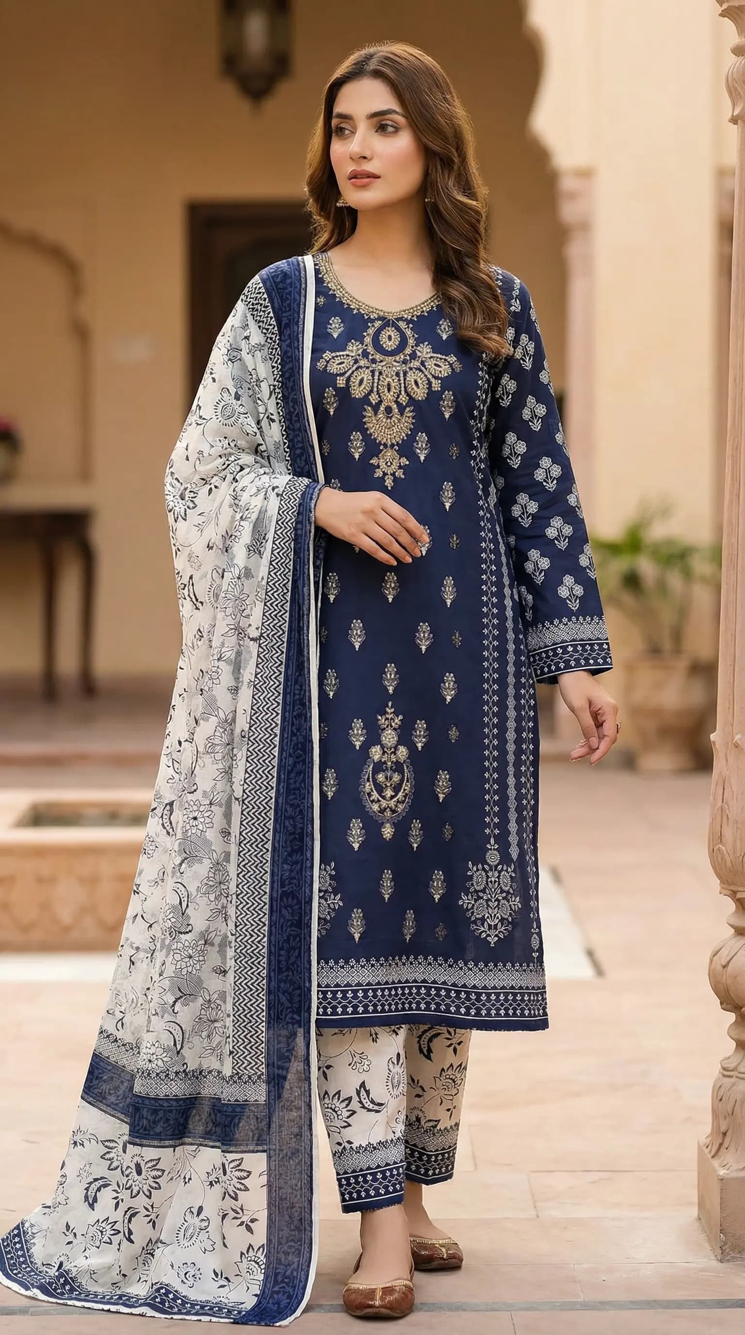 Printed Lawn 3 Piece Suit | Embroidered Shirt & Lawn Dupatta Pakistan