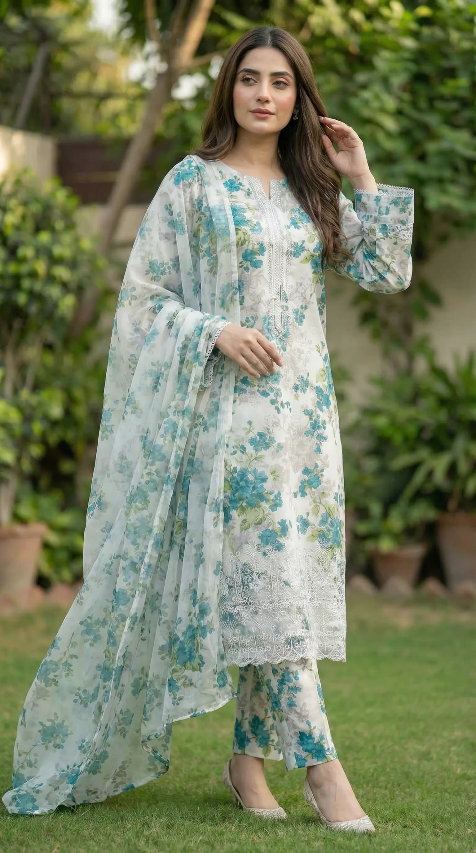 Ivory floral printed lawn 3 piece suit with teal print and chiffon dupatta