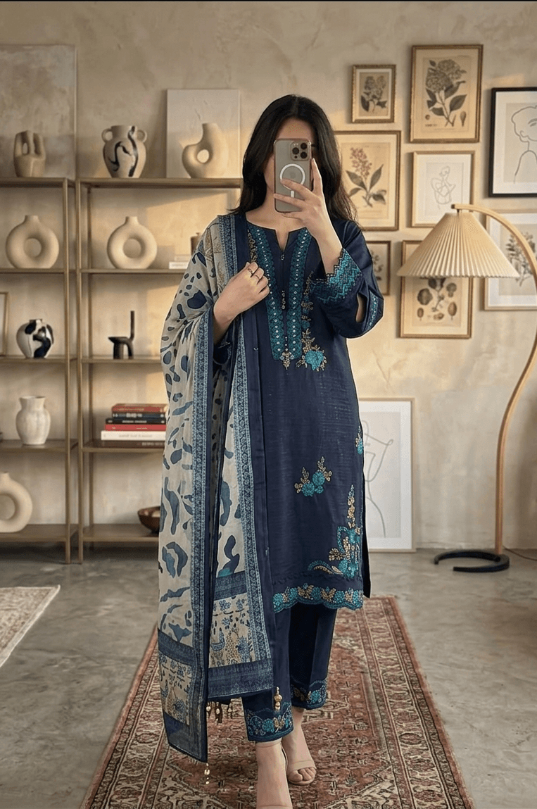 Premium 3 Piece Embroidered Lawn Suit with Front Panel & Sleeve Patches | Pakistan